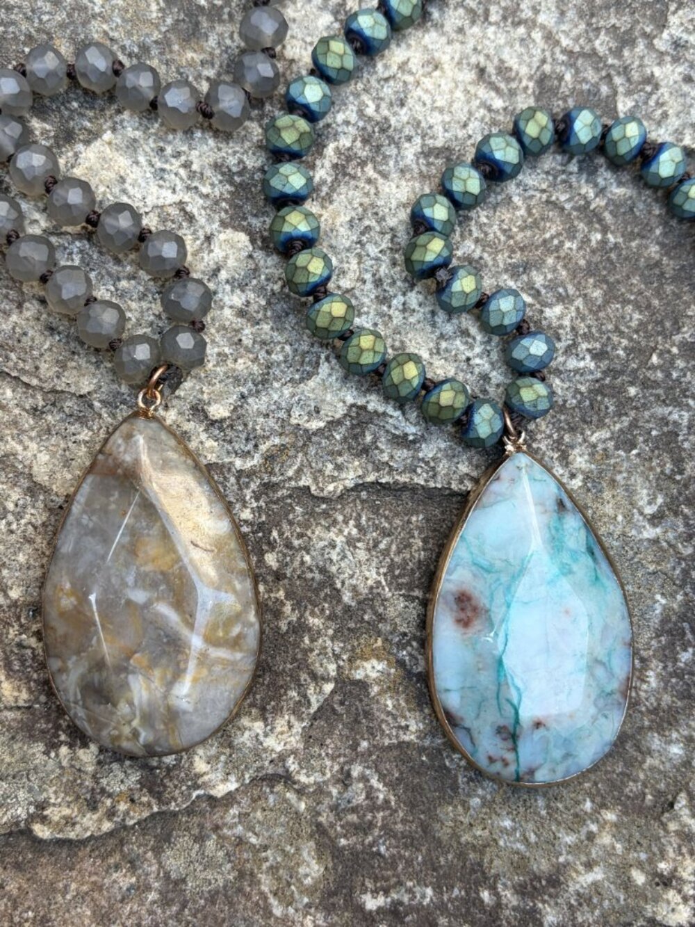 Bundle Gemstone Bead Necklaces Teardrop Pendants Gray Labradorite Aqua Amazonite